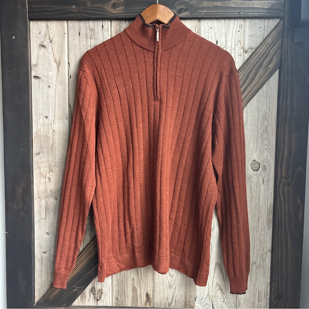 Toscano 1/2 zip burnt orange merino wool sweater size large